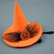 Orange Halloween Witch Hat Collection with a black net and pumpkin decoration on a gray background