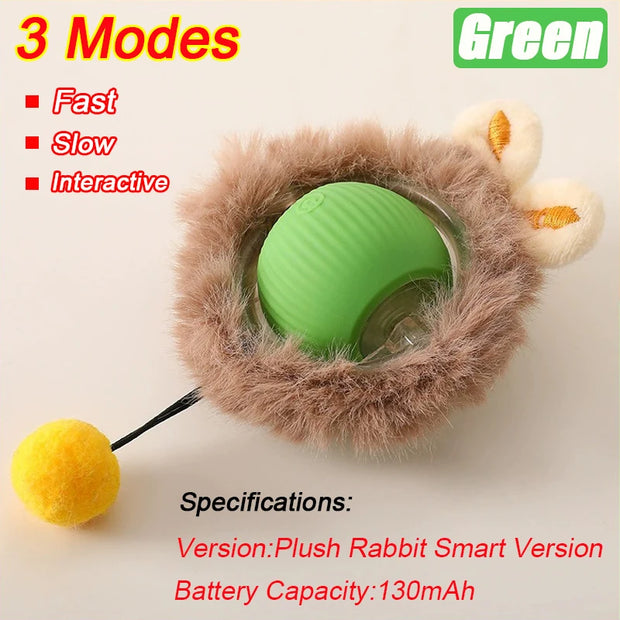 Green Rechargeable pet Toy Ball with Mode and Obstacle Avoidance with plush rabbit design on a white background