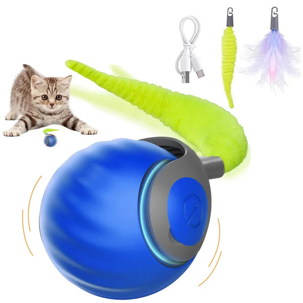Automatic Moving Cat Toy - Interactive Rolling Ball for Indoor Cats with accessories and a playful kitten.