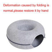 Gray Felt Cat Cave Bed house with text indicating normal folding deformation and instructions to restore it by hand on a white background.