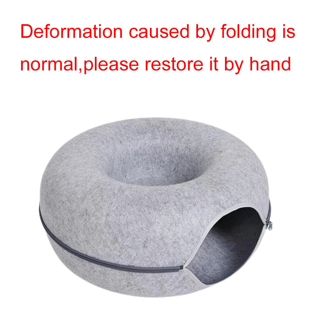 Gray Felt Cat Cave Bed house with text indicating normal folding deformation and instructions to restore it by hand on a white background.