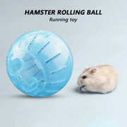 Blue Hamster Gerbil Rat Exercise Toy with a small Rat on a light gray background