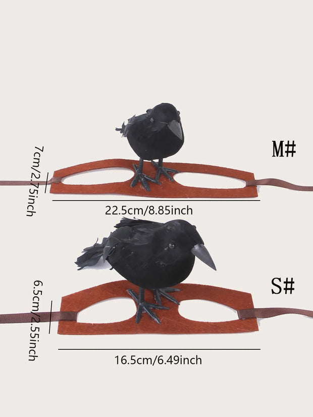 Two 1pc-Halloween Crow themed Pet Headwear with crow decorations and measurements on a white background