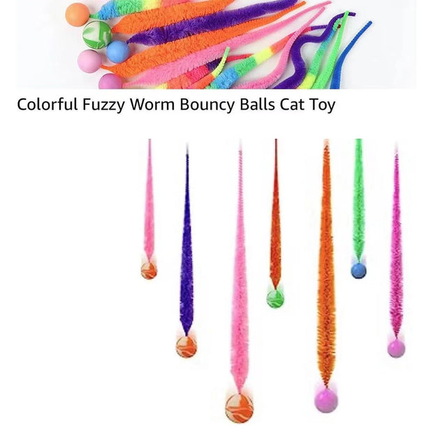 Colorful Rainbow Tail Cat Toy Balls with text on a white background