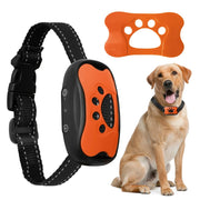 Anti-Barking Dog Collar with remote control, orange tag, and a dog sitting next to them on a white background