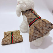 Luxury Pet Outfit Harness Vest And Dress Set with Gucci-like pattern and red and green stripes on a white background