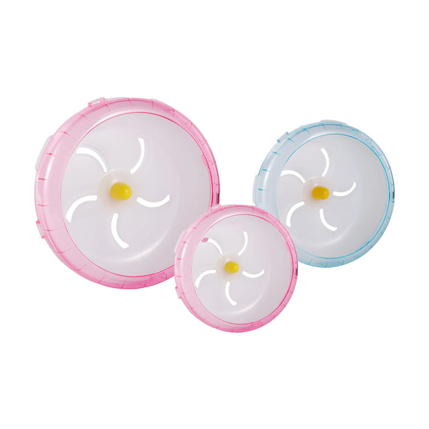 Three circular Hamster Exercise Wheel with floral designs on a white background