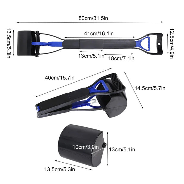 Measurement chart of a Easy Grip Dog Pooper Scooper snow shovel with dimensions labeled