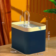 Blue and gold rectangular Modern Pet Water Fountain with dimensions on a wooden surface and orange wall background