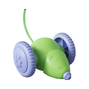 Green and purple Smart Interactive Cat Toy mouse with wheels on a white background