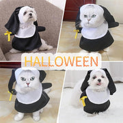 Collage of a dog and cat wearing Nun Pet Costume on different surfaces.