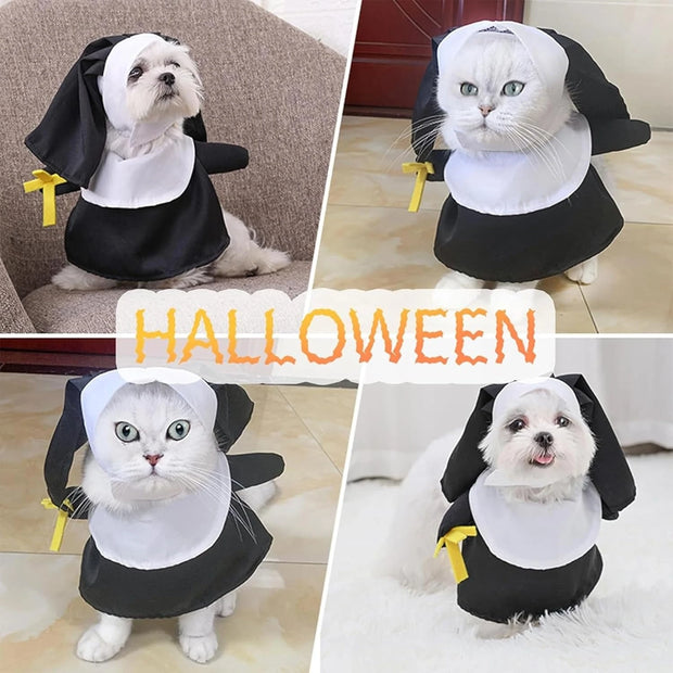 Collage of a dog and cat wearing Nun Pet Costume on different surfaces.