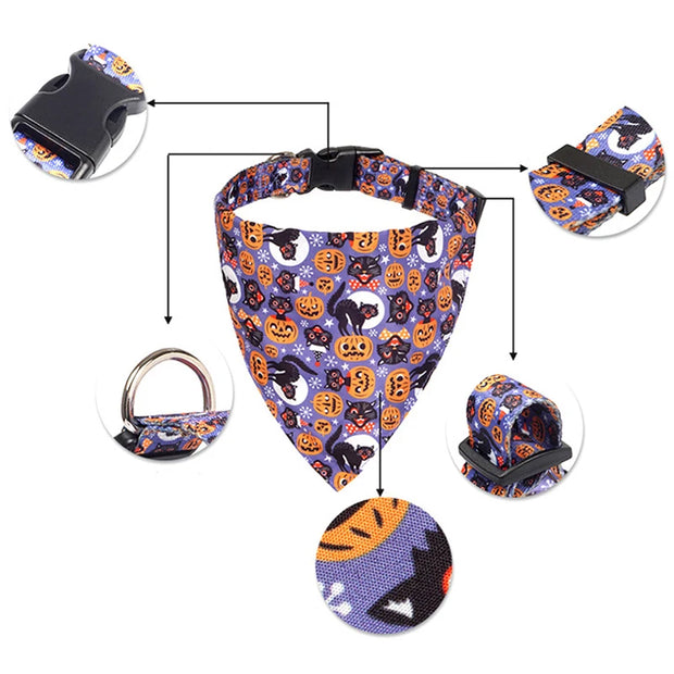 Pumpkin Paws Halloween Bandana Pet Collar Scarf with festive pumpkins and ghosts, adjustable and stylish for pets.