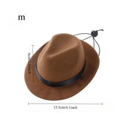 Brown fedora Cowboy Hat Accessory with black band and measurements on a white background