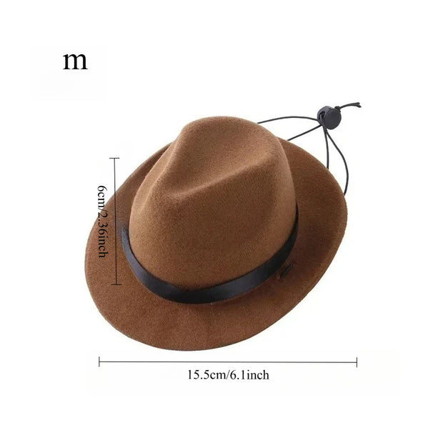 Brown fedora Cowboy Hat Accessory with black band and measurements on a white background