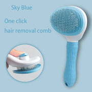 Sky blue Pet Grooming Brush with One Click Hair Removal with text on a light blue background
