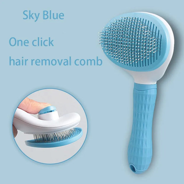 Sky blue Pet Grooming Brush with One Click Hair Removal with text on a light blue background