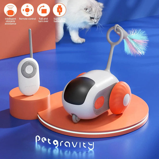 Remote Control Interactive Cat Toy Car on an orange and blue background