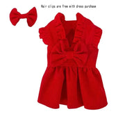 Red Puppy Bow Dress Set, accompanied by a red hair clip on a white background.