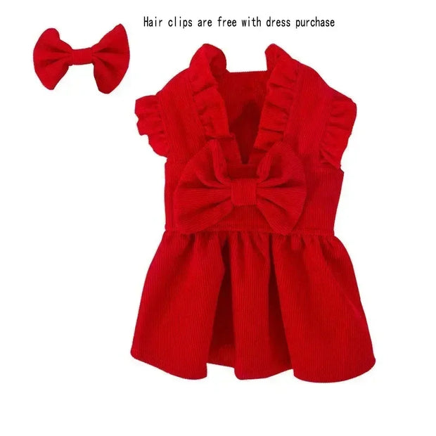 Red Puppy Bow Dress Set, accompanied by a red hair clip on a white background.