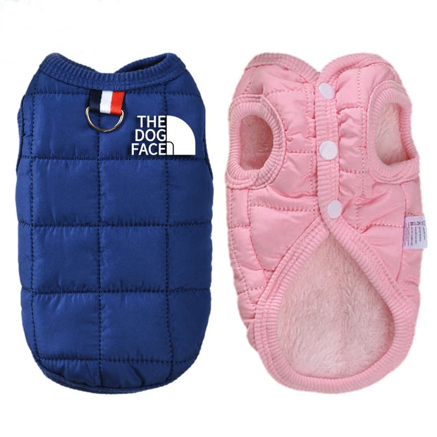 Blue and pink quilted Winter Dog Jacket with 'The Dog Face' branding on a white background.