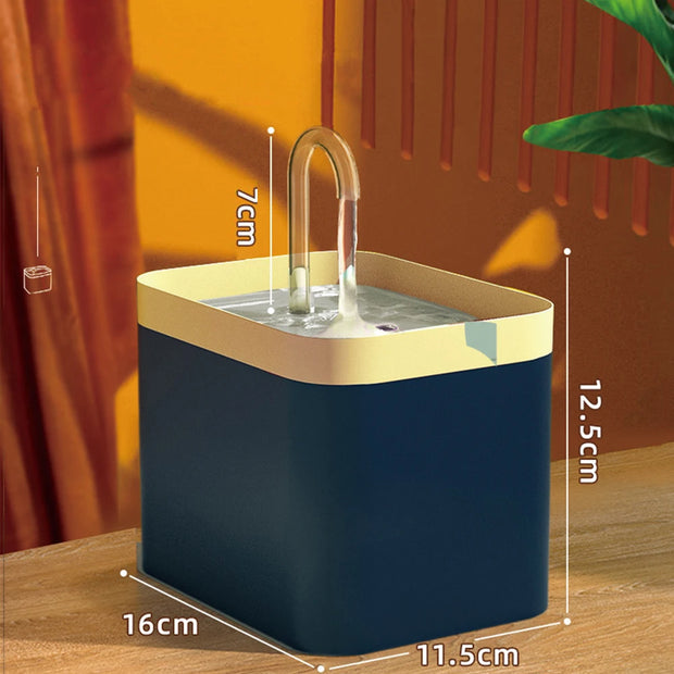 Blue and gold Modern Pet Water Fountain with dimensions on a wooden surface