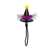 Halloween Witch Hats Collection with a black witch hat, purple bat, and yellow pom-pom on a white background.