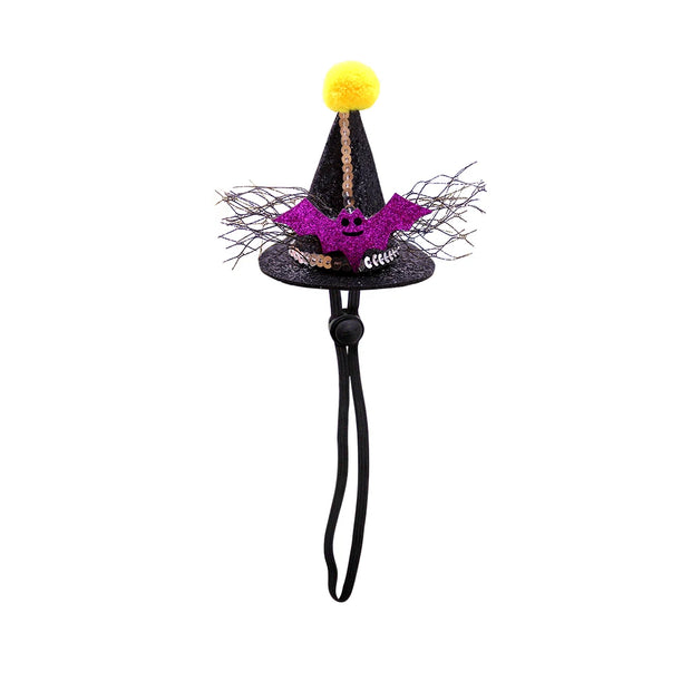 Halloween Witch Hats Collection with a black witch hat, purple bat, and yellow pom-pom on a white background.