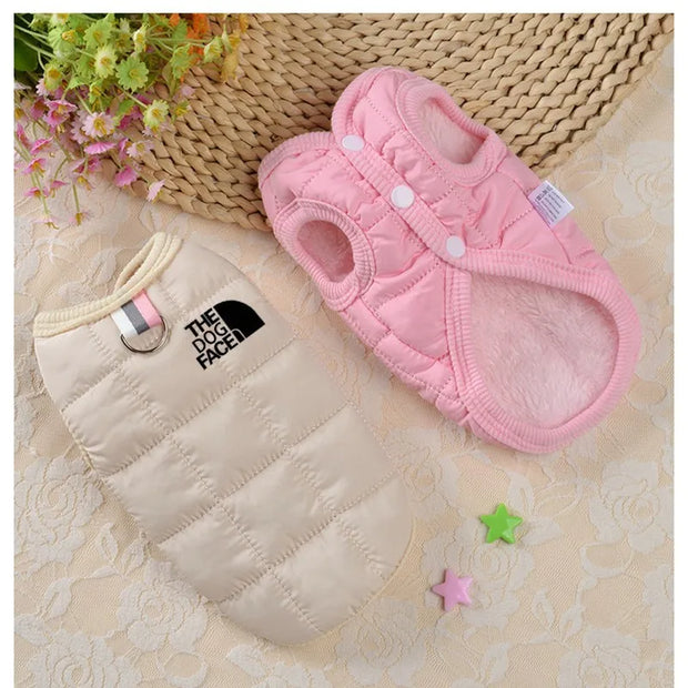 Pink Winter Dog Jacket on a textured surface with decorative elements.