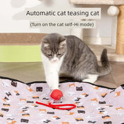 Cat playing with an automatic Interactive Cat Toy with Smart Obstacle Avoidance teaser device on a mat with cat patterns.