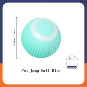 Blue Automatic Obstacle Avoidance Pet Toy Ball with dimensions and cable icon on a white background