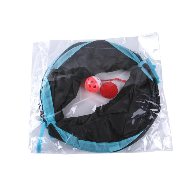 Collapsible Cat Tunnel Toy set with a black and blue container and red balls inside, on a white background.