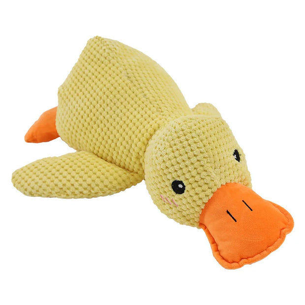 Crocheted Dog Calming Duck Plush Toy with a yellow body, orange beak, and feet on a white background