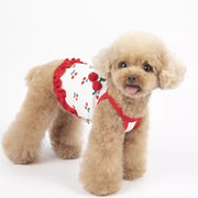 Small dog wearing a red and white Cherry Dress for Dogs on a white background