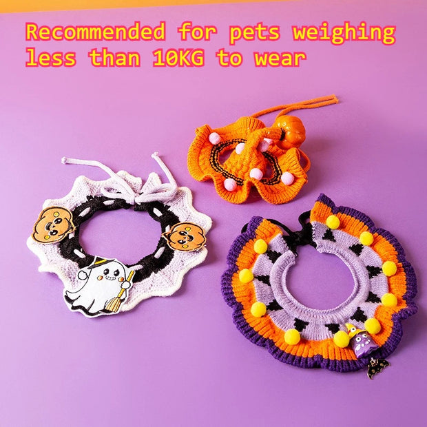 Three Pet Halloween Knitted Collar on a purple background with text indicating weight recommendation.