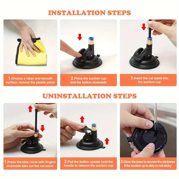 Step-by-step guide on how to install and uninstall a suction cup Interactive Cat Toy Wand with Feather attachment.