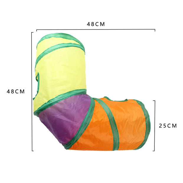 Colorful Collapsible Cat Tunnel Toy  with dimensions on a white background