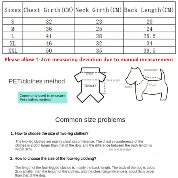 Fleece Dog Jacket clothing size chart with measurements and instructions on measurement methods.