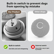 Comparison of a Rechargeable Interactive Pet Toy Ball 300mAh with a built-in switch without, highlighting safety features for dogs on a gray background