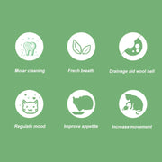 Set of icons and text on a green background describing various Catnip Ball Toy care benefits.