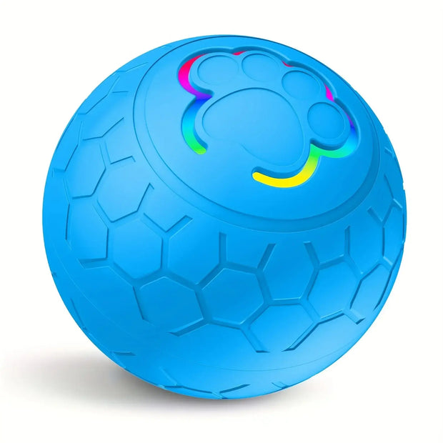 Blue Rechargeable Interactive Pet Toy Ball 300mAh with a colorful paw print design on a white background