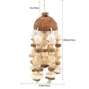 Wooden and coconut shell Natural Bird Cage Toy with measurements on a white background