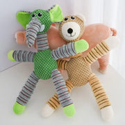 Two Plush Animal Dog Toys, one green and one pink with a striped pattern, on a white background.