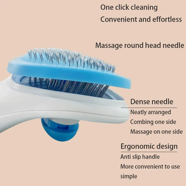 Blue Pet Grooming Brush with One Click Hair Removal highlighting ergonomic design and soft bristles