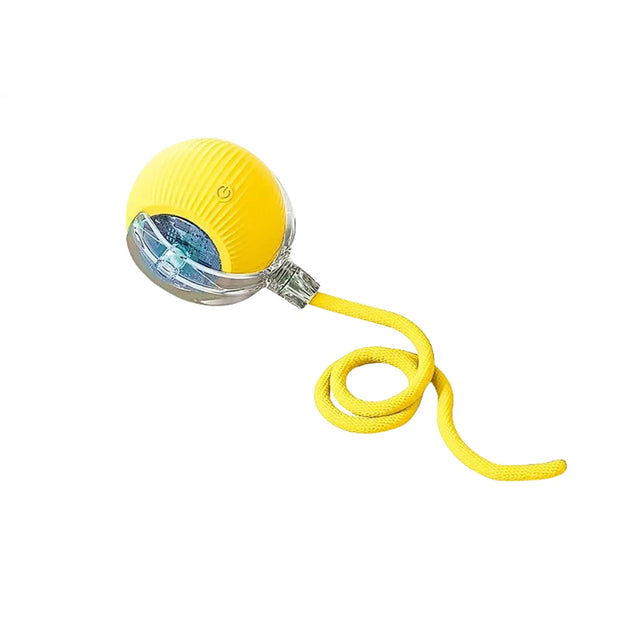 Yellow Automatic Moving with LED Light Cat Toy Ball with a rope on a white background
