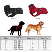Windproof and Waterproof Dog Jacket in black and red with size chart and measurement guide on a white background