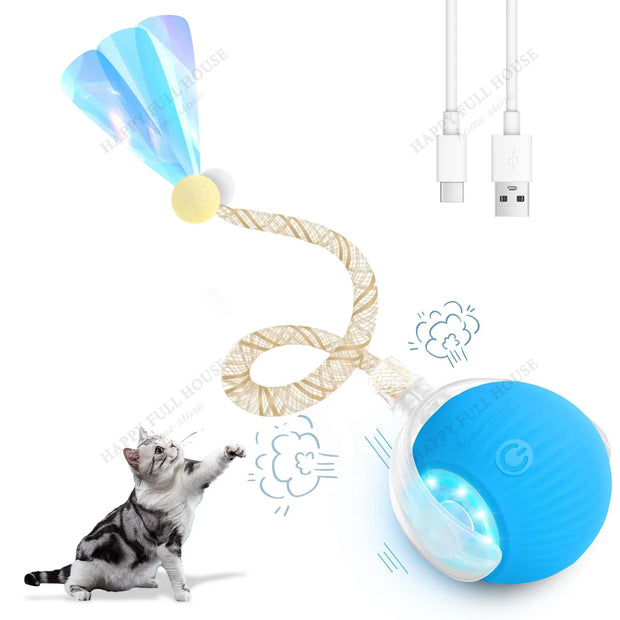 Electric Rolling Cat Toy Ball with colorful feather and USB cable on a white background