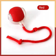 Red Interactive Cat Toy with Smart Obstacle Avoidance with a rope on a white background