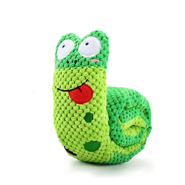 Green crocheted Plush Frog Dog Toy with a red tongue on a white background
