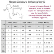 Dog size chart of Duck Overalls Pet Outfit measurements for chest girth, back length, and weight suggestions.